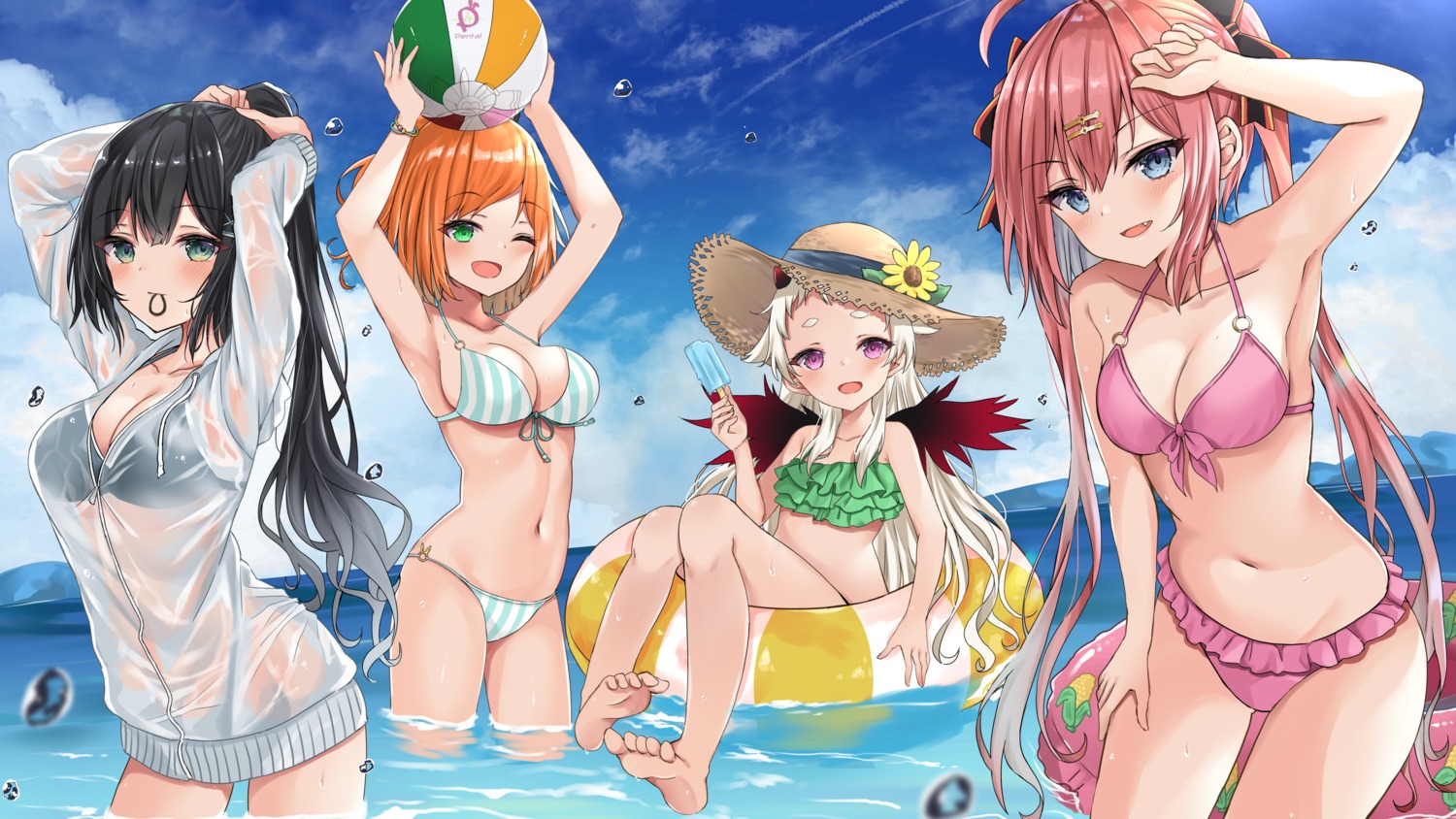 akino_ell bikini cleavage horns see_through swimsuits wet wet_clothes wings