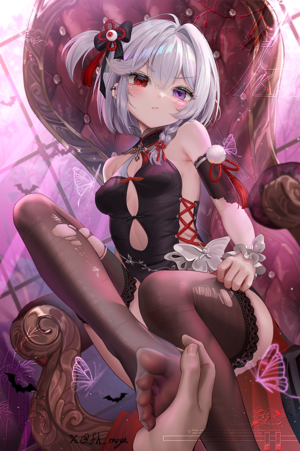 feet heterochromia moya_(pixiv6121219) no_bra thighhighs torn_clothes watermark