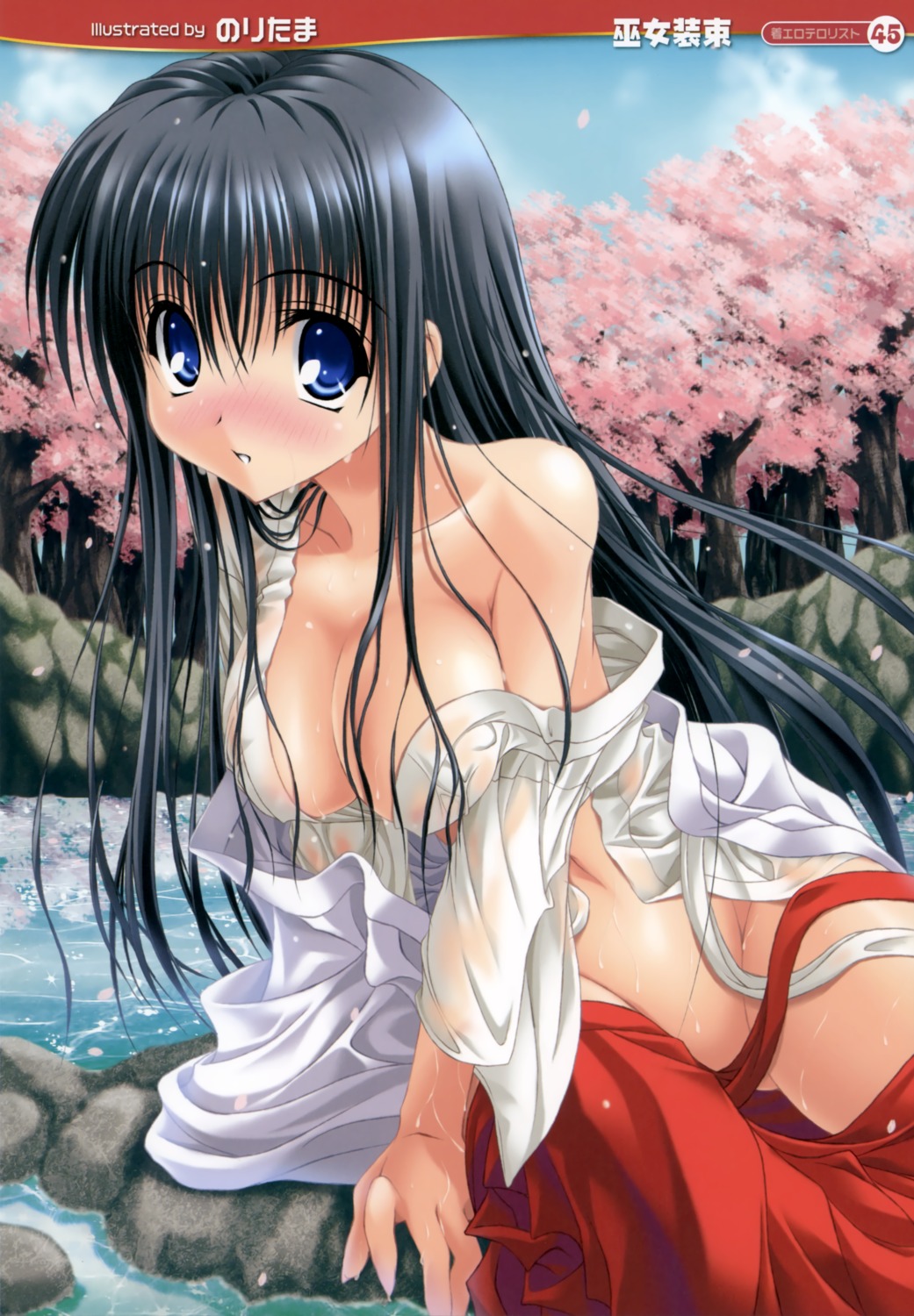 cleavage miko nopan noritama_(gozen) see_through wet_clothes