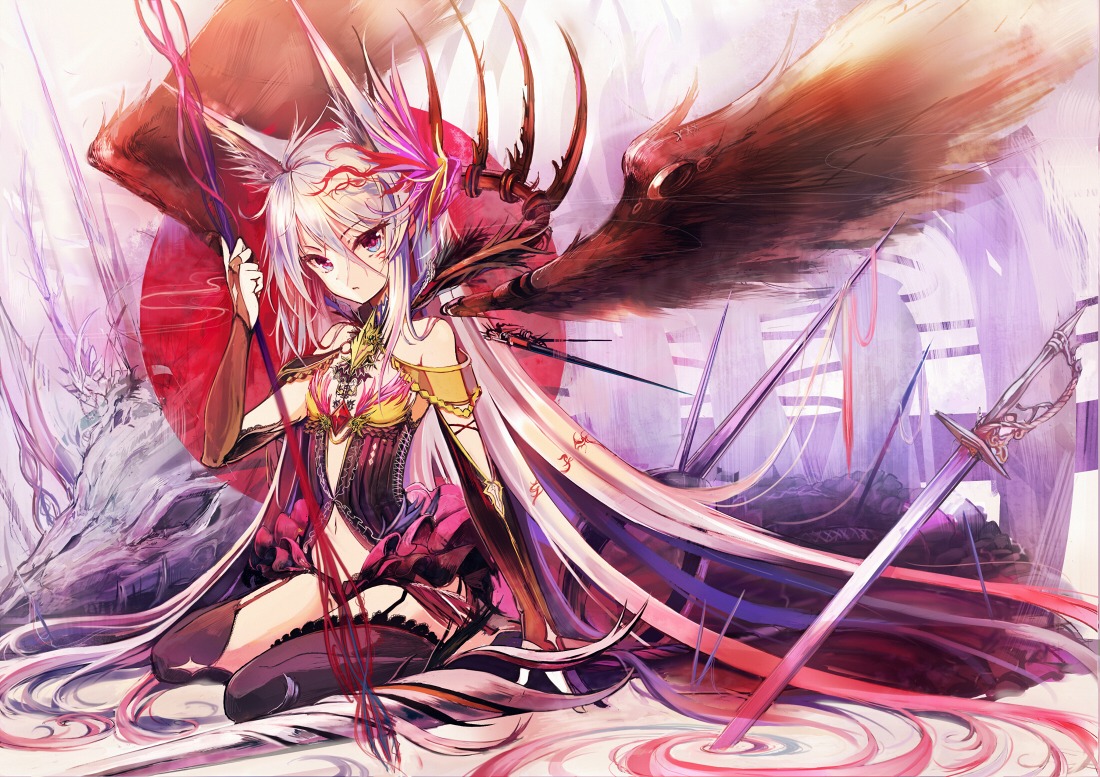 akabane_(zebrasmise) animal_ears nekomimi stockings sword thighhighs wings