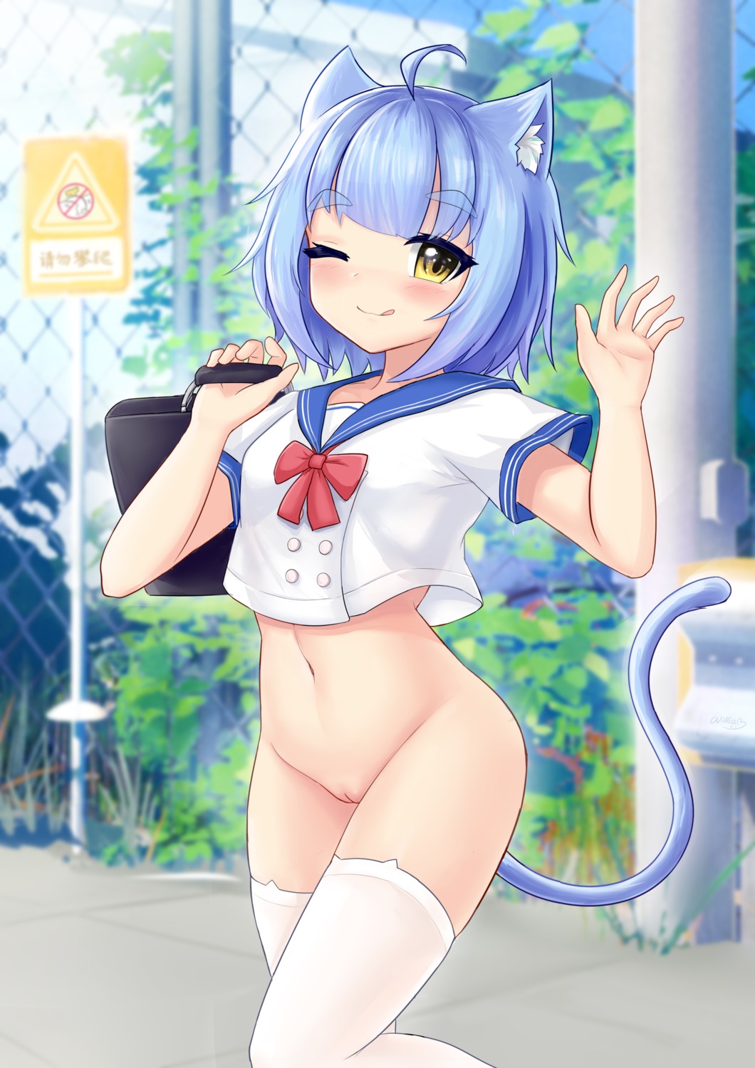 animal_ears atlanta_(zhanjianshaonv) bottomless nekomimi pussy seifuku tail thighhighs uncensored william.b zhanjianshaonv