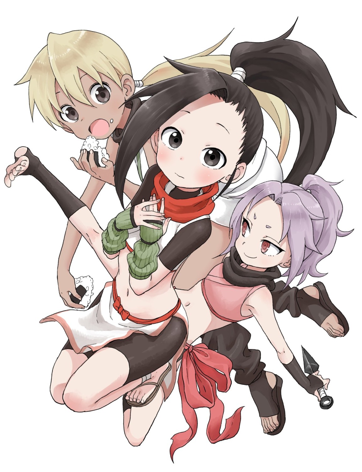 asagao_(kunoichi_tsubaki_no_mune_no_uchi) bike_shorts breast_hold kunoichi_tsubaki_no_mune_no_uchi ninja sazanka_(kunoichi_tsubaki_no_mune_no_uchi) tsubaki_(kunoichi_tsubaki_no_mune_no_uchi) weapon yamamoto_souichirou