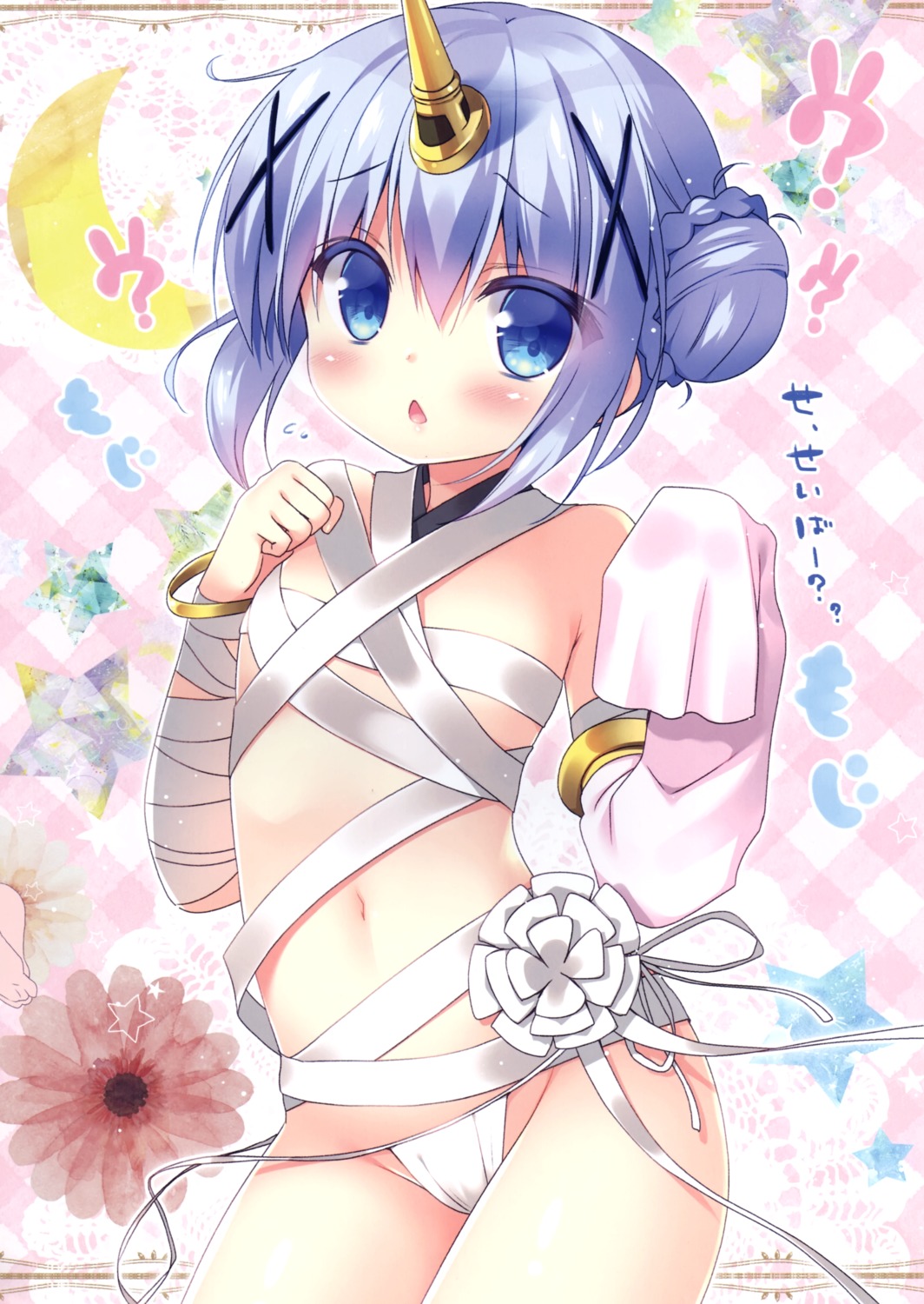 bandages cosplay fate/grand_order gochuumon_wa_usagi_desu_ka? horns kafuu_chino loli naked_ribbon pantsu panty_pull sasai_saji string_panties watakubi