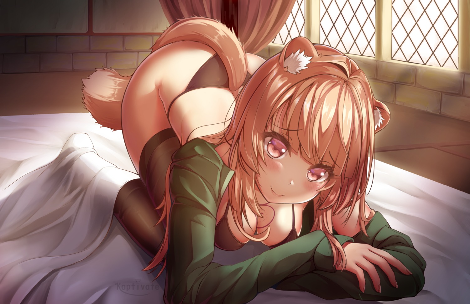 animal_ears bikini cleavage kaptivate open_shirt raphtalia sheets swimsuits tail tate_no_yuusha_no_nariagari thighhighs