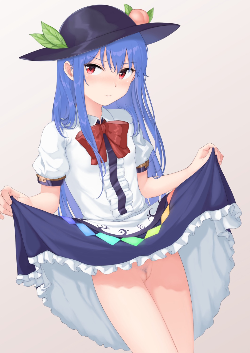 hinanawi_tenshi momo_retasu nopan pubic_hair pussy skirt_lift touhou