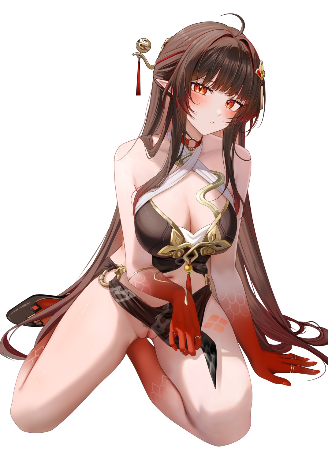 asian_clothes cleavage heels honkai:_star_rail lingsha no_bra nopan pointy_ears pubic_hair pussy ru_zhai skirt_lift tattoo uncensored