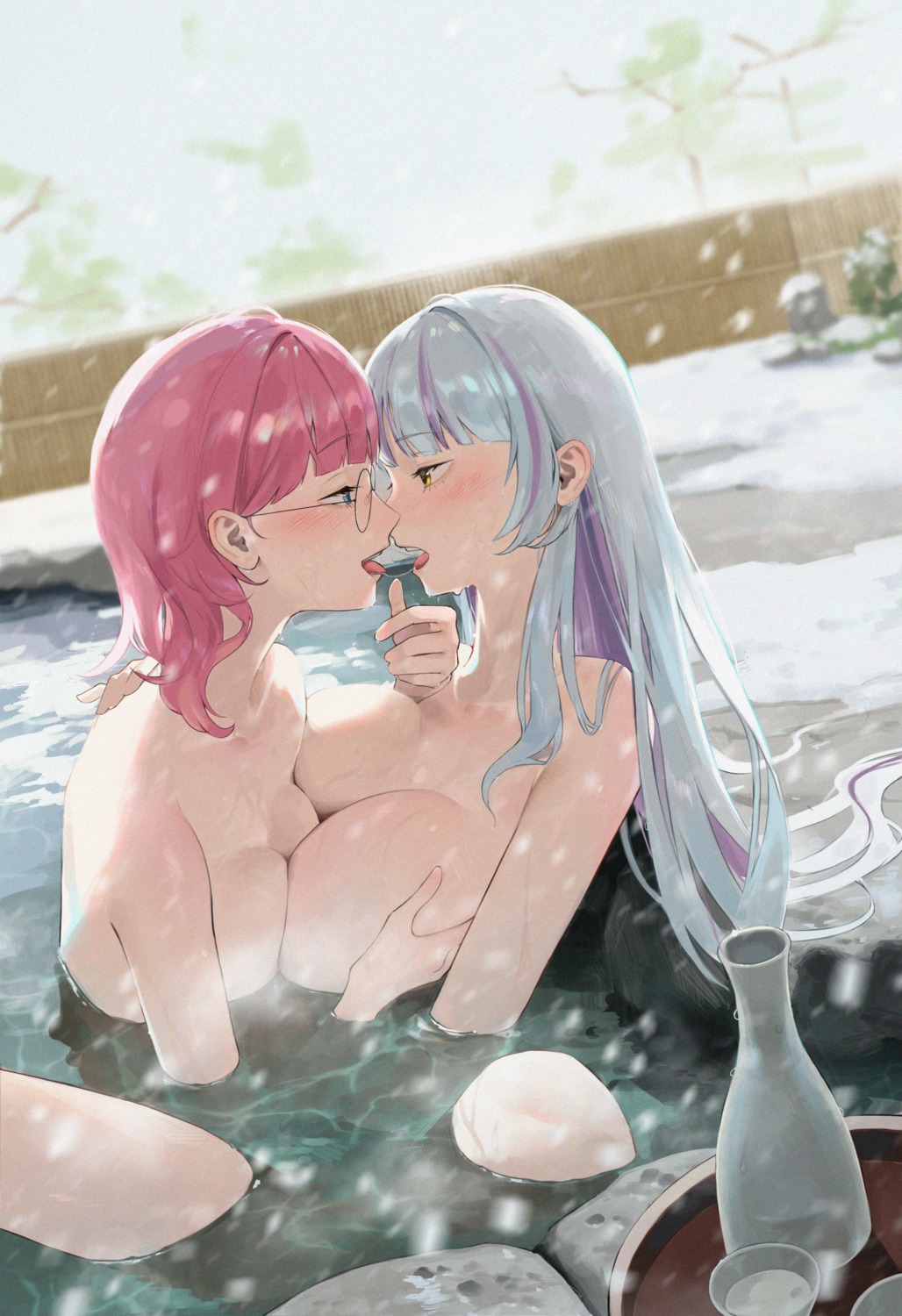 bathing bodiedwile breast_hold megane naked onsen symmetrical_docking wet yuri