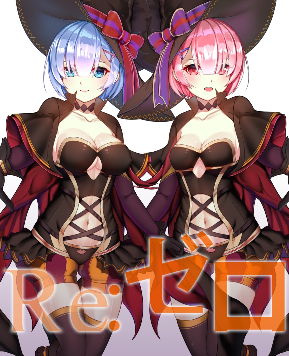 cleavage halloween kaiend pantsu ram_(re_zero) re_zero_kara_hajimeru_isekai_seikatsu rem_(re_zero) thighhighs witch