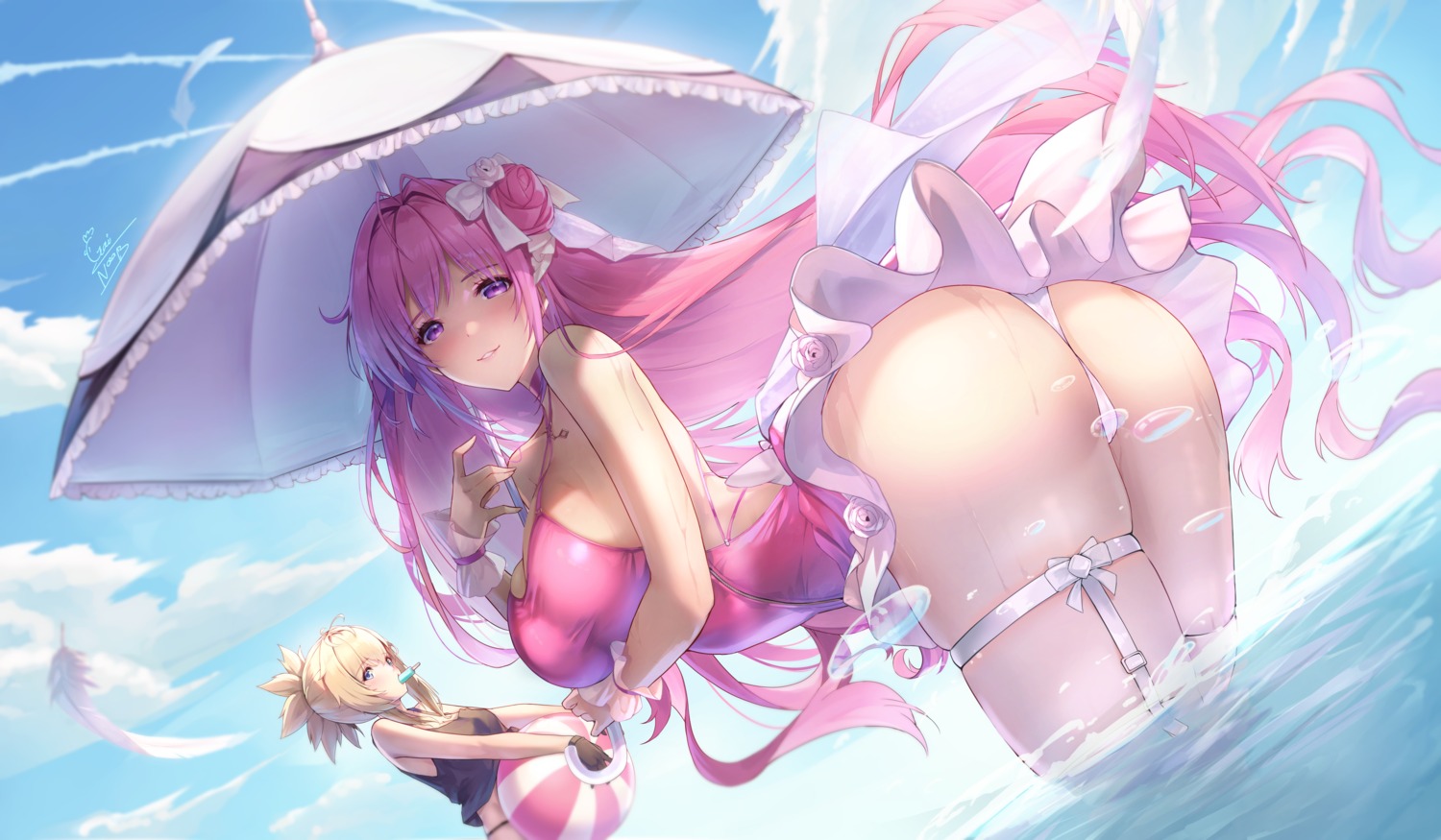 ass cameltoe dorothy_(nikke) gainoob garter goddess_of_victory:_nikke pinne_(nikke) skirt_lift swimsuits umbrella wet