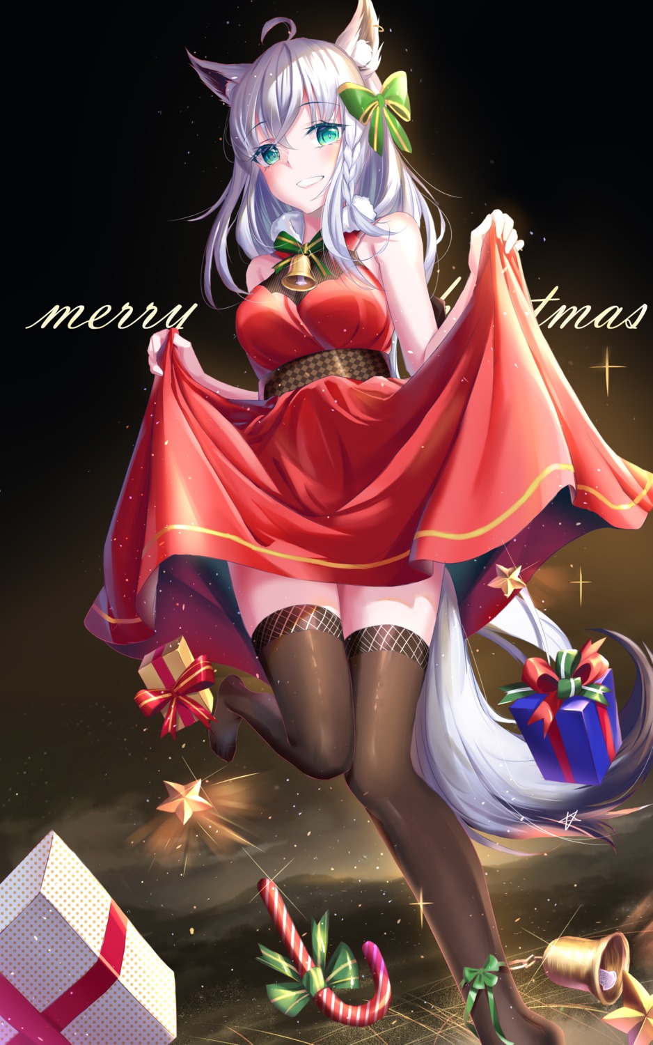 amaroku_neko animal_ears christmas dress hololive hololive_gamers kitsune shirakami_fubuki skirt_lift tail thighhighs