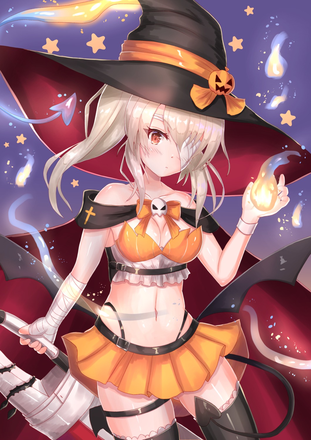 ayanami_(azur_lane) azur_lane bandages cleavage cocoasabure eyepatch garter halloween sword tail thighhighs wings witch