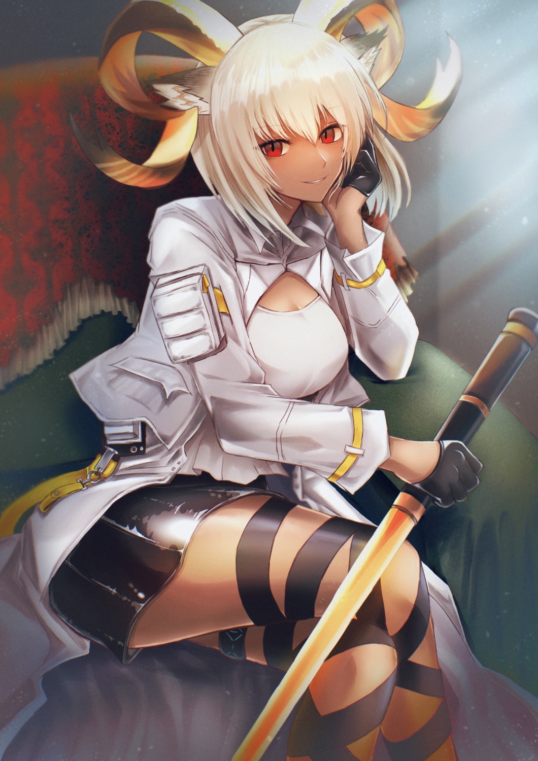 3_(sanyako1) animal_ears arknights carnelian_(arknights) garter horns sword