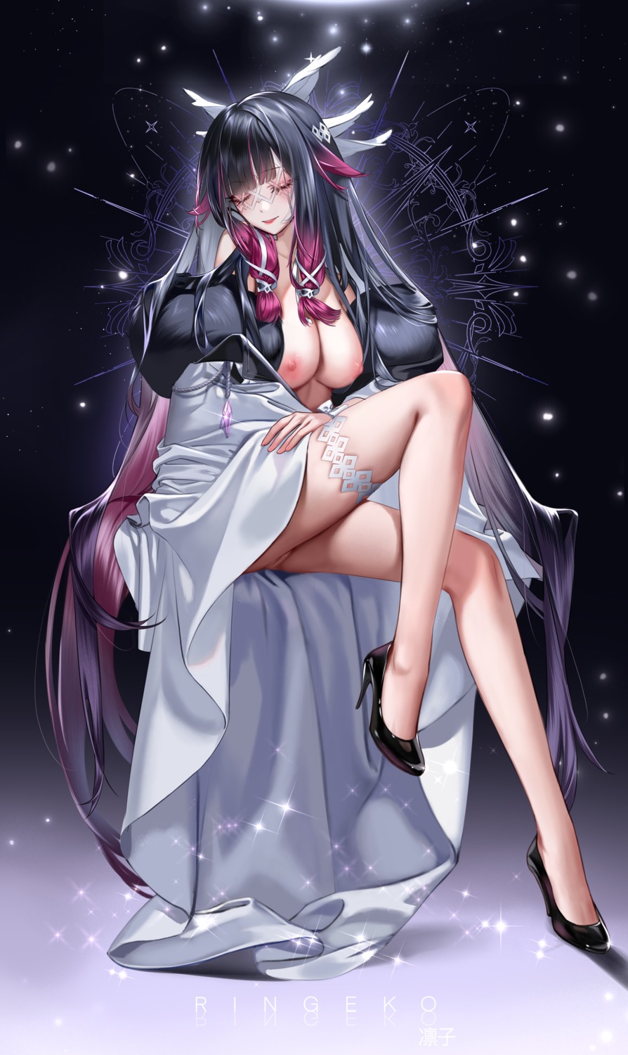 bottomless breasts columbina garter genshin_impact heels nipples no_bra open_shirt pussy ringeko-chan uncensored