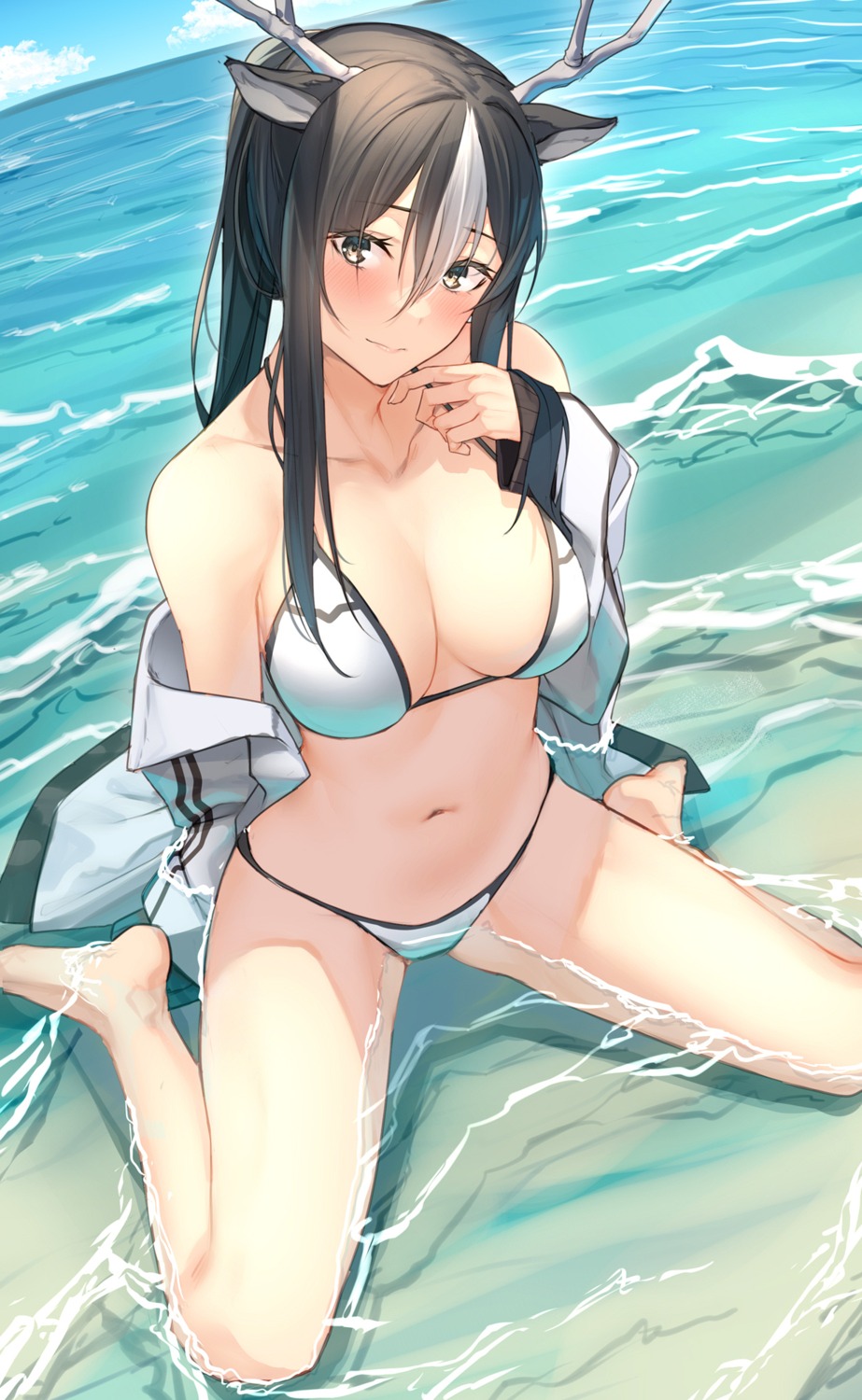 animal_ears bikini horns open_shirt pallad swimsuits wet