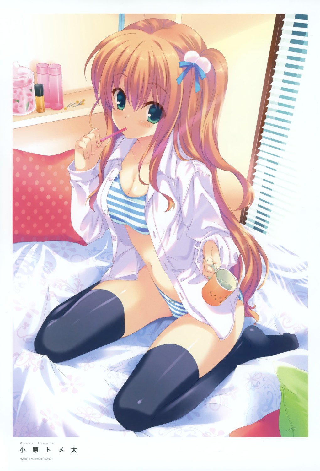 bra cleavage dress_shirt ohara_tometa open_shirt pantsu shimapan thighhighs