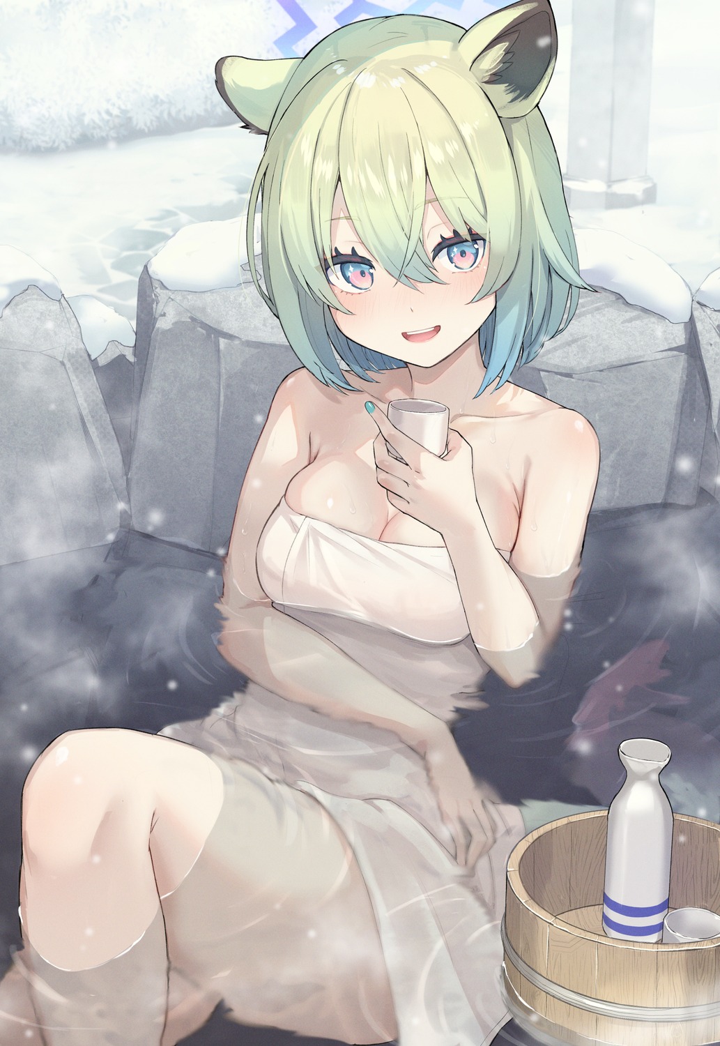 animal_ears blue_archive halo isegawa_yasutaka mayoi_shigure onsen sake towel wet