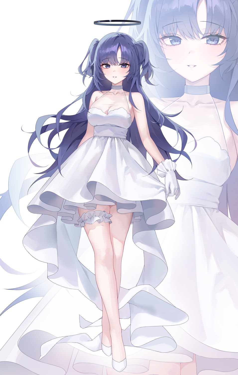 blue_archive dress garter halo hayase_yuuka no_bra raki_kr see_through wedding_dress