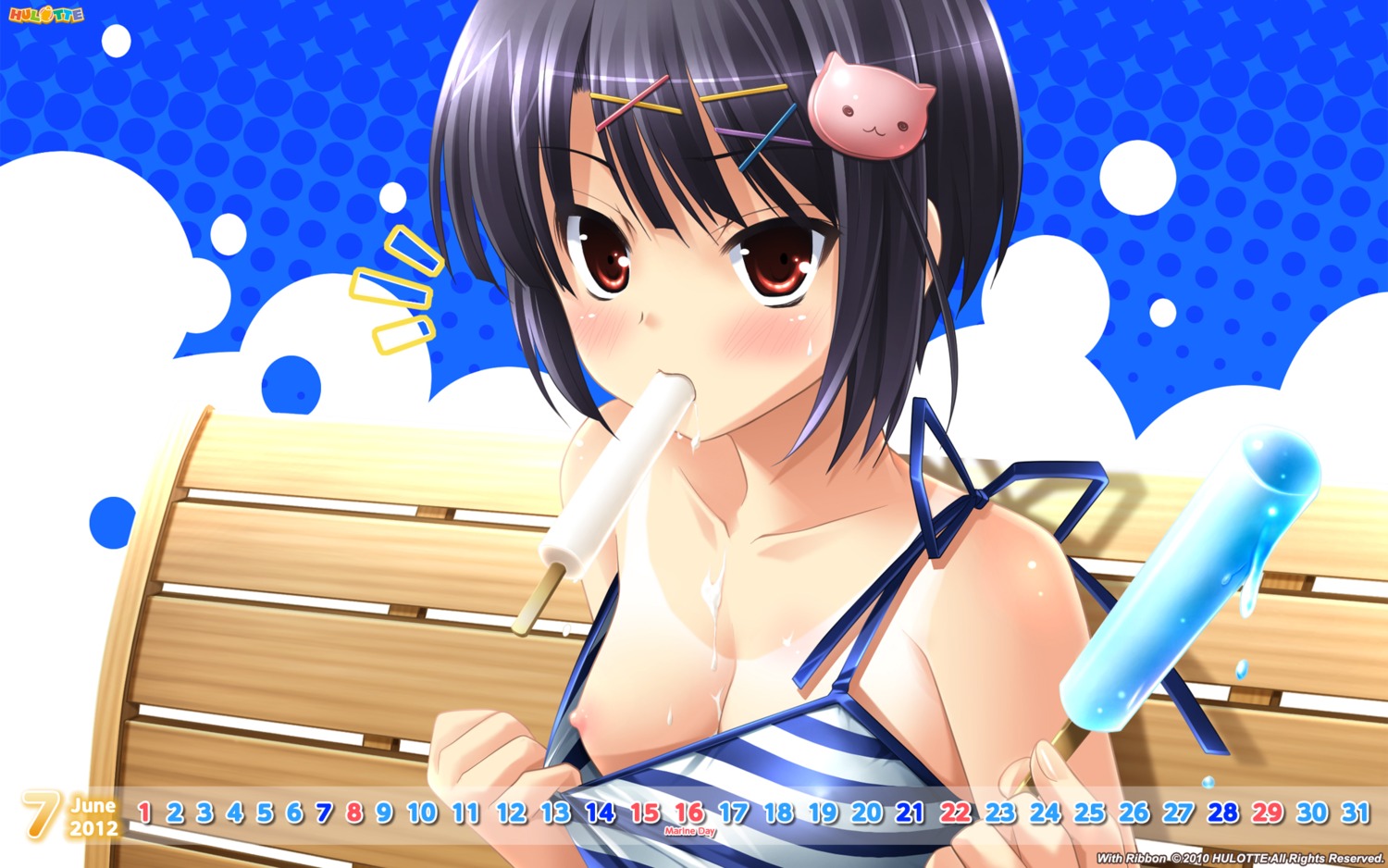 breasts calendar cream hinata_yuu hulotte ikegami_akane nipples no_bra open_shirt tan_lines wallpaper with_ribbon