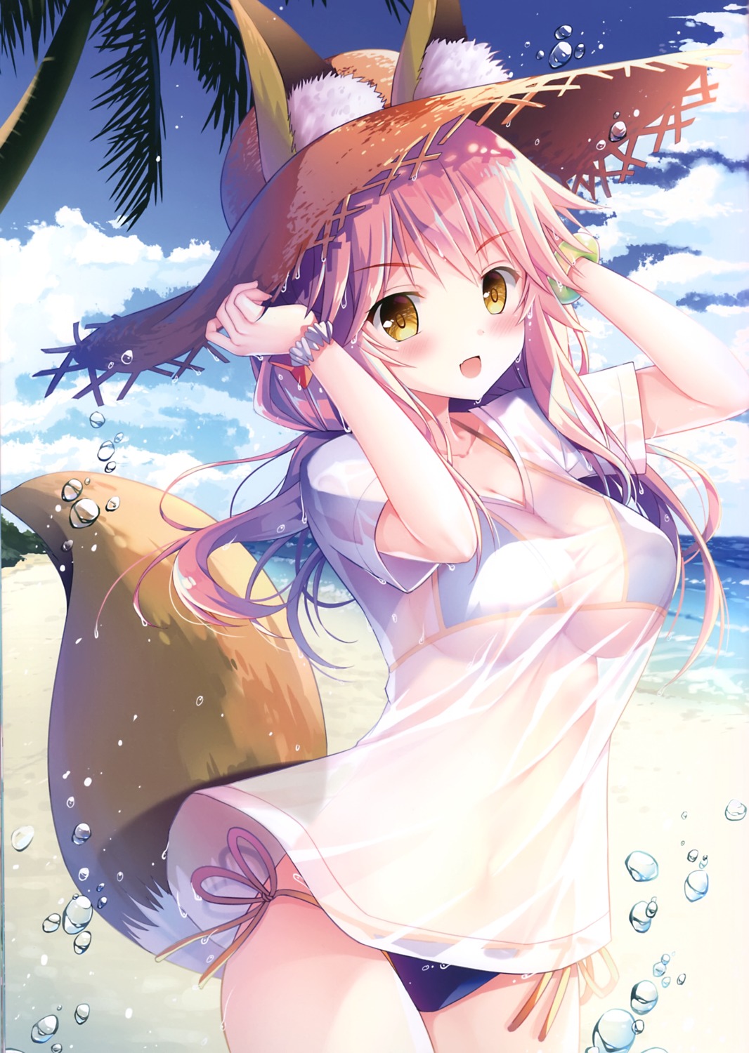 animal_ears bikini fate/grand_order see_through swimsuits tail tamamo_no_mae twinbox twinbox_(circle) wet wet_clothes