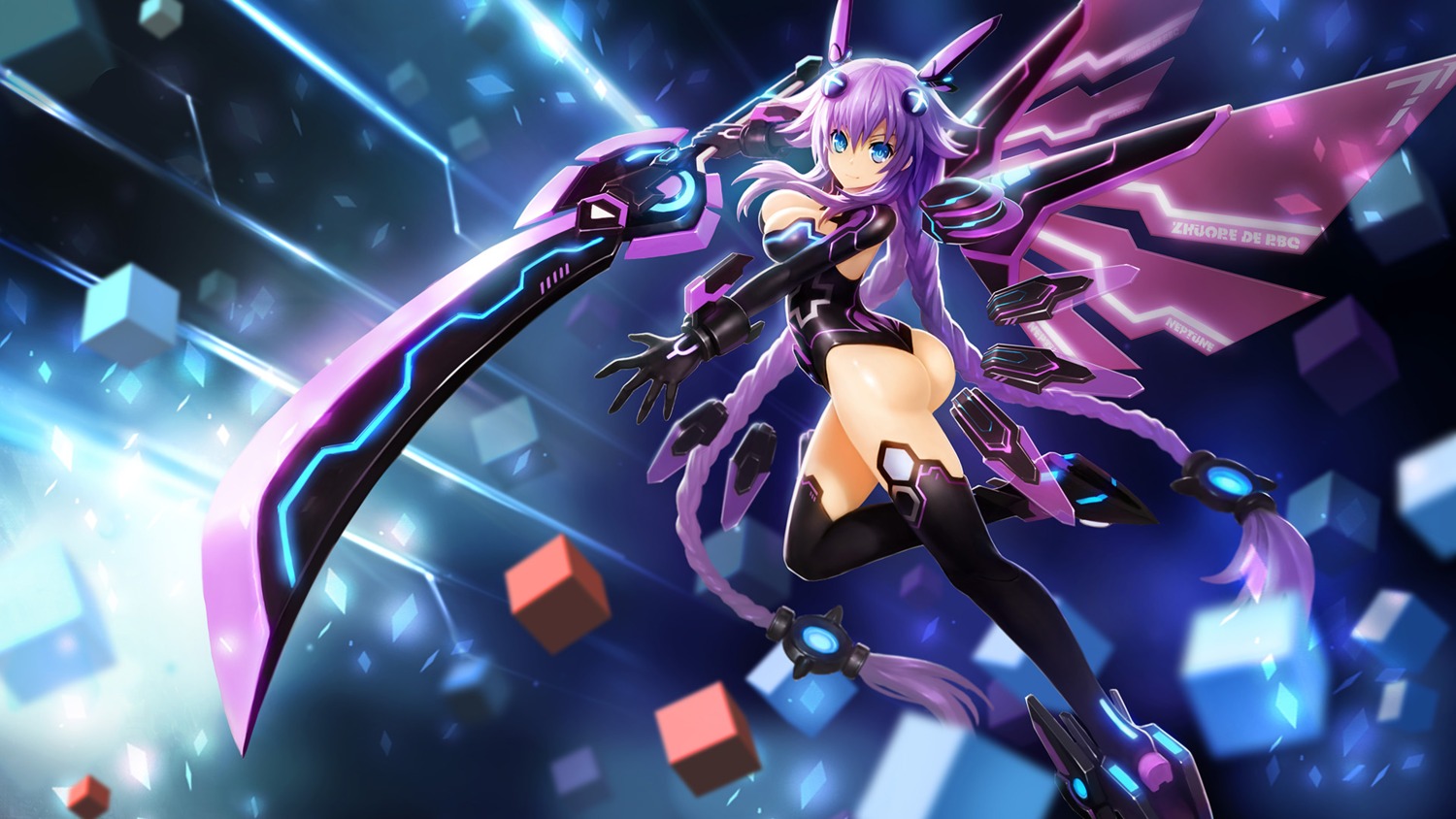 ass choujigen_game_neptune cleavage leotard mecha_musume neptune sword thighhighs wallpaper wings zhuore_zhi_hen