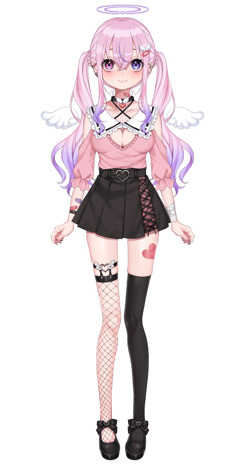 angel bandages bandaid cleavage dancho_(dancyo) fishnets garter heterochromia no_bra stockings thighhighs wings