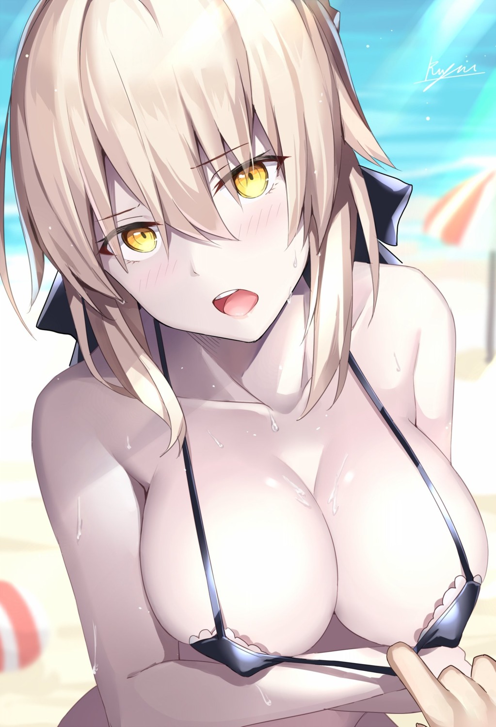 bikini_top breast_hold erect_nipples fate/grand_order fate/stay_night rin_yuu saber saber_alter swimsuits wet