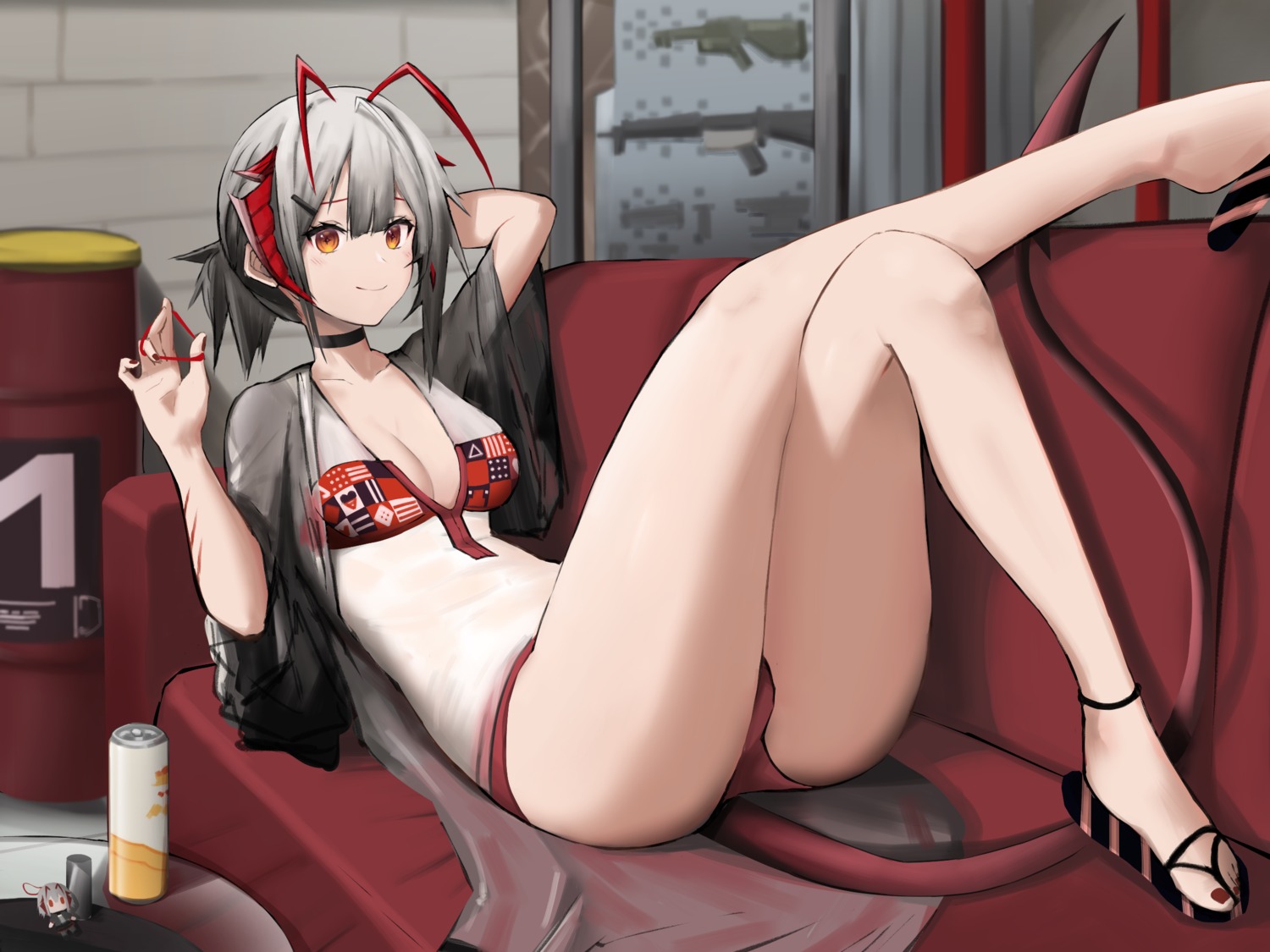 arknights bikini cleavage horns open_shirt ozyomin see_through swimsuits tail w_(arknights)