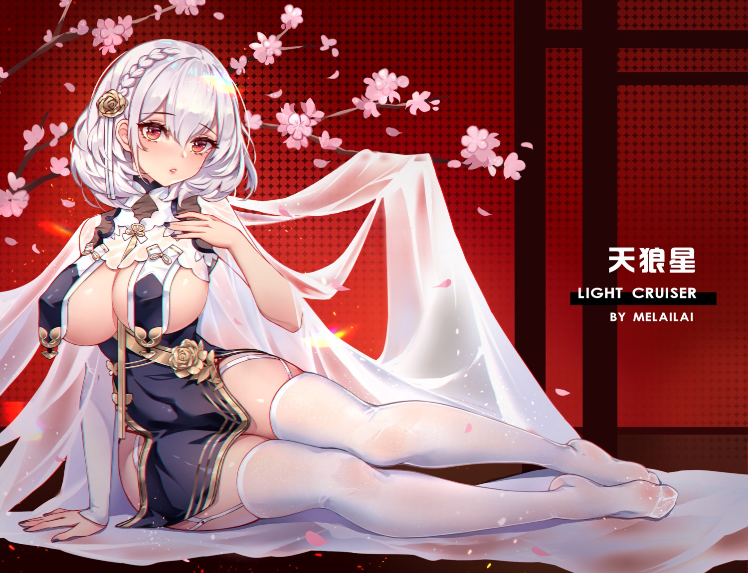 asian_clothes azur_lane erect_nipples melailai no_bra see_through sirius_(azur_lane) stockings thighhighs