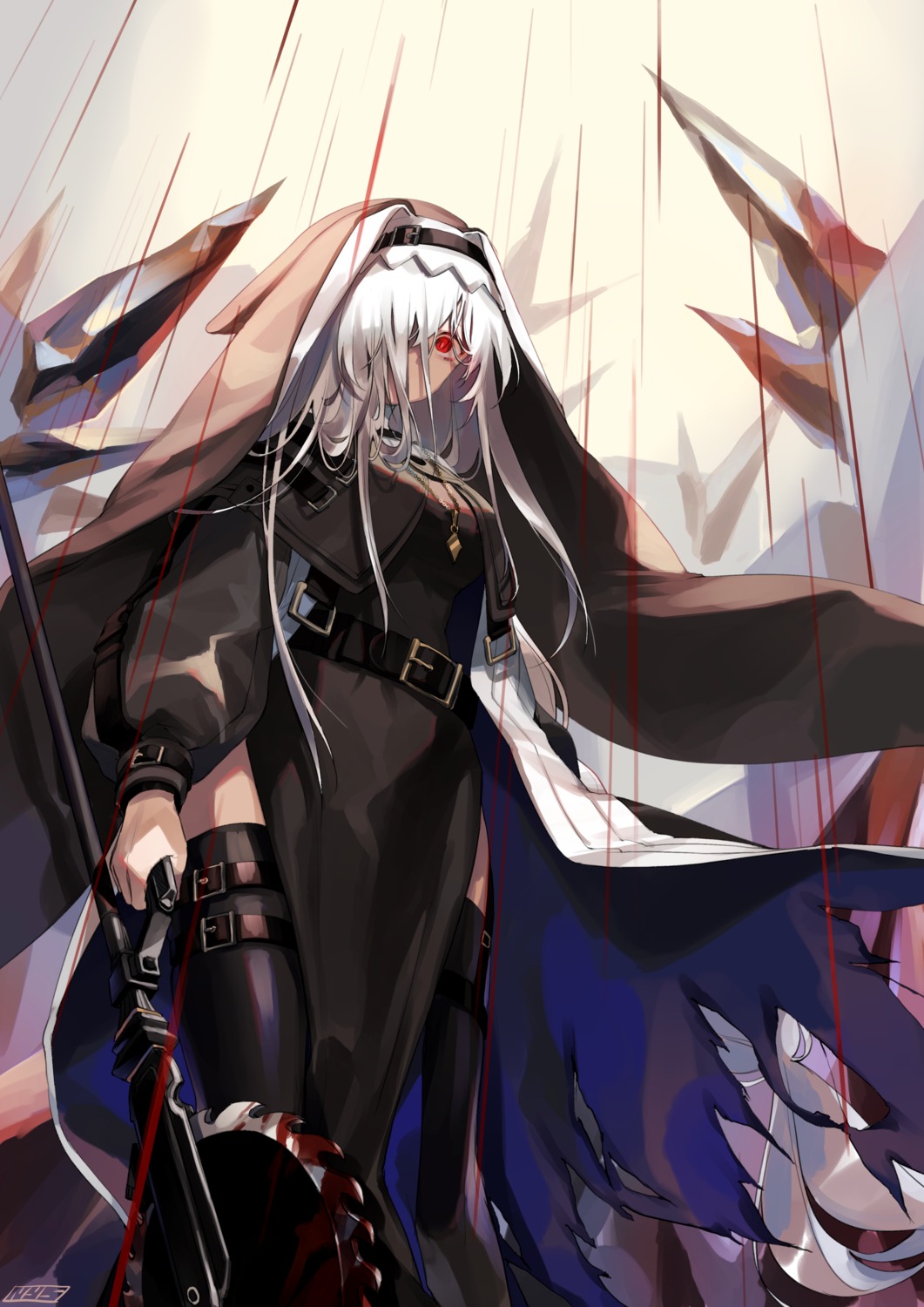 arknights blood garter nun nys specter_(arknights) thighhighs torn_clothes weapon