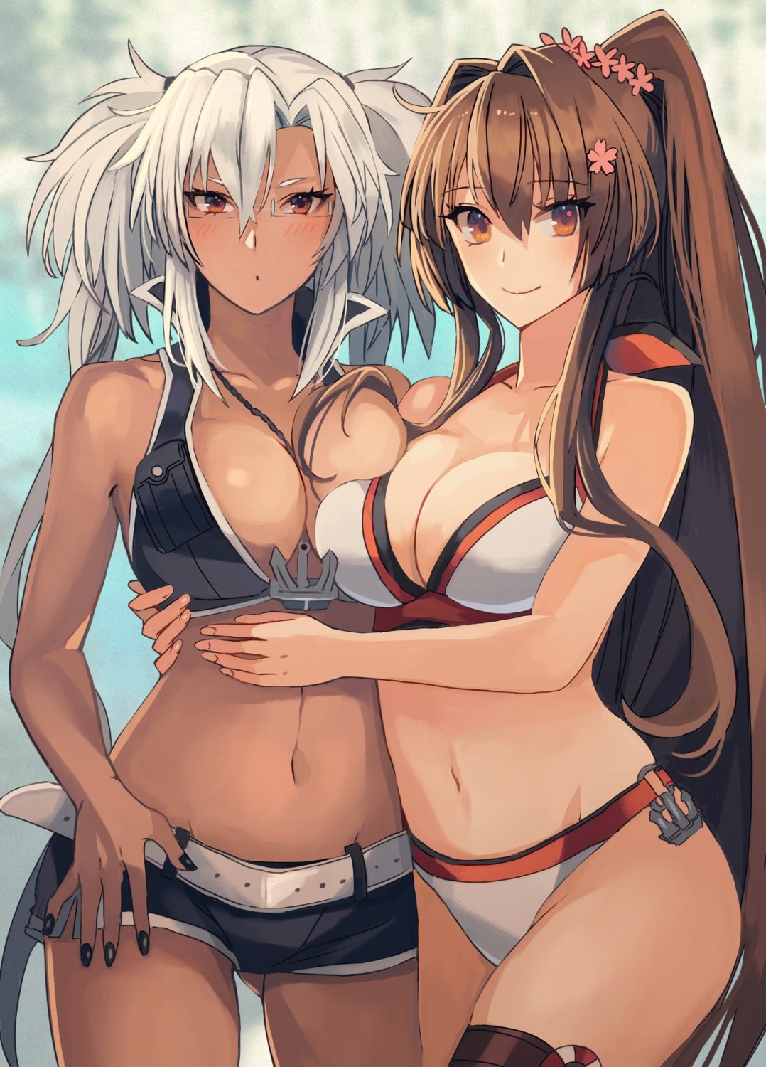 bikini cleavage garter kantai_collection kasumi_(skchkko) megane musashi_(kancolle) swimsuits yamato_(kancolle)