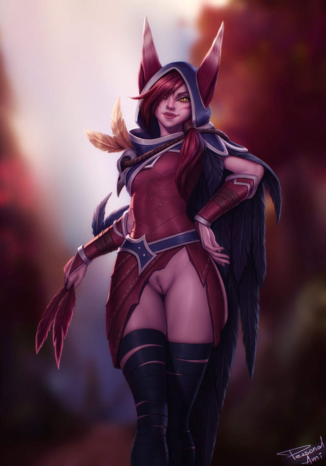 animal_ears armor bandages league_of_legends nopan personal_ami pubic_hair pussy uncensored xayah