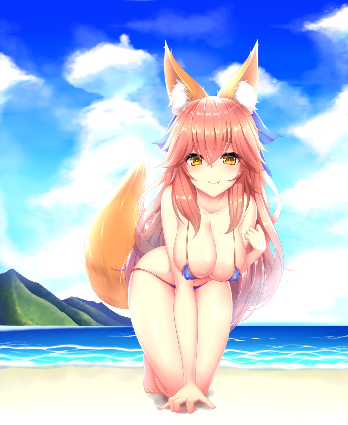 bikini cleavage erect_nipples fate/extra fate/grand_order fate/stay_night momoriko swimsuits tail tamamo_no_mae