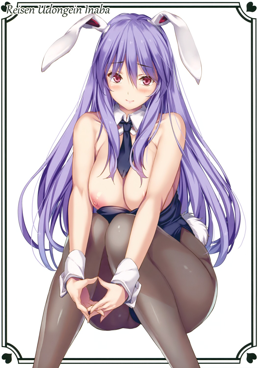 animal_ears breast_hold breasts bunny_ears bunny_girl monety nipples no_bra pantyhose reisen_udongein_inaba tail touhou