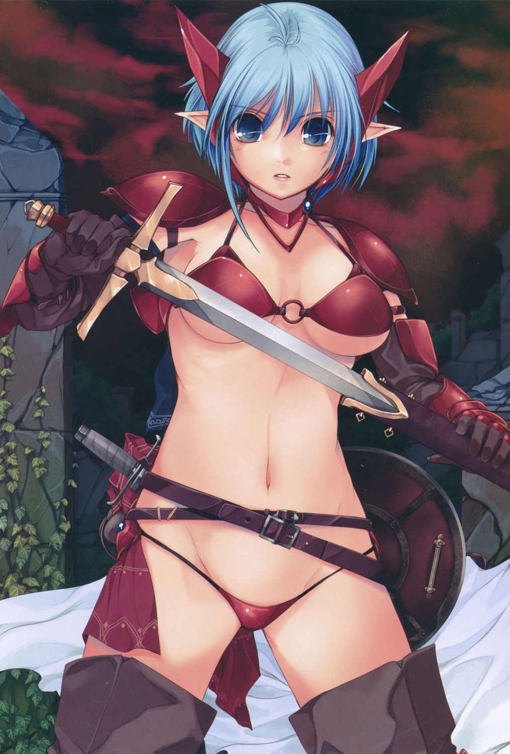 armor bikini elf kirishima_satoshi pointy_ears swimsuits sword thighhighs