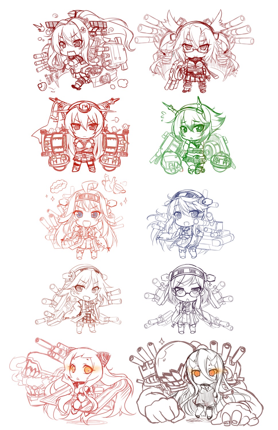 airfield_hime battleship-symbiotic_hime chibi haruna_(kancolle) hiei_(kancolle) horns kantai_collection kirishima_(kancolle) kongou_(kancolle) monochrome musashi_(kancolle) mutsu_(kancolle) nagato_(kancolle) okitakung yamato_(kancolle)