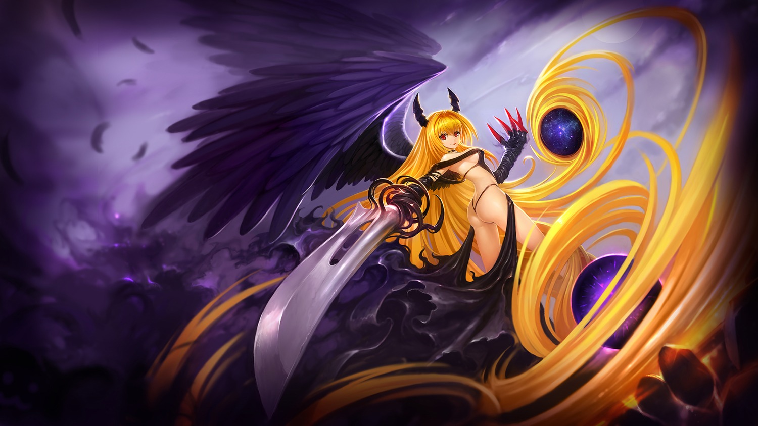 ass breasts golden_darkness horns sword thong to_love_ru wallpaper wings zhuore_zhi_hen