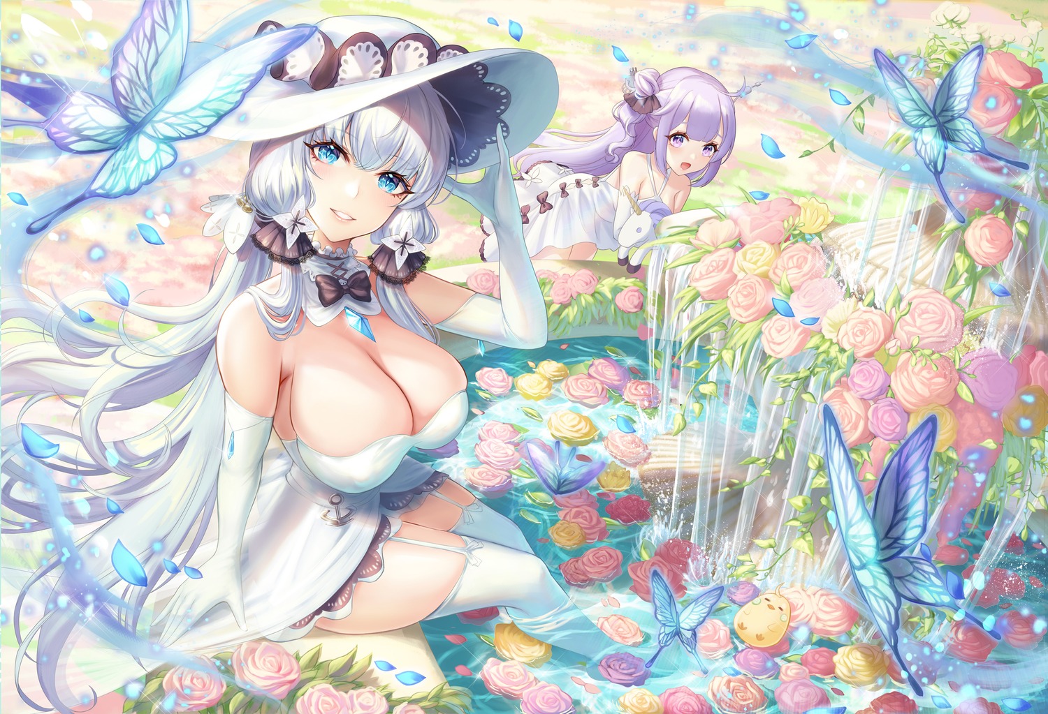 azur_lane dress illustrious_(azur_lane) manjuu_(azur_lane) no_bra pafekui stockings thighhighs unicorn_(azur_lane) wet