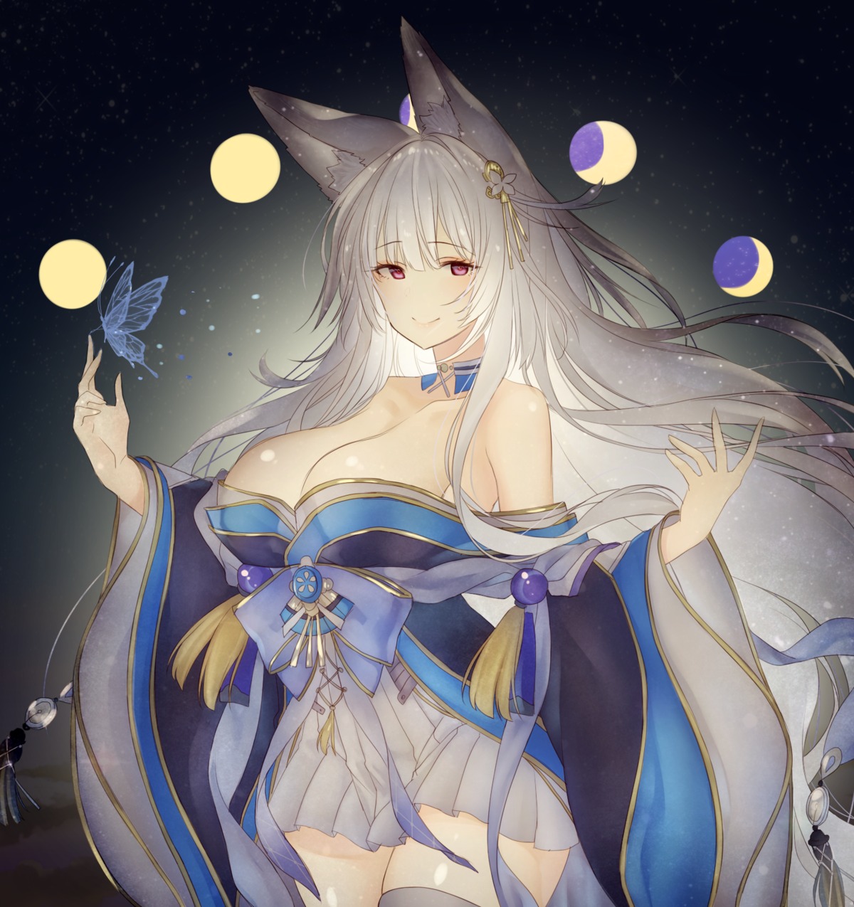 animal_ears azur_lane japanese_clothes kitsune no_bra open_shirt shinano_(azur_lane) thighhighs yononaka