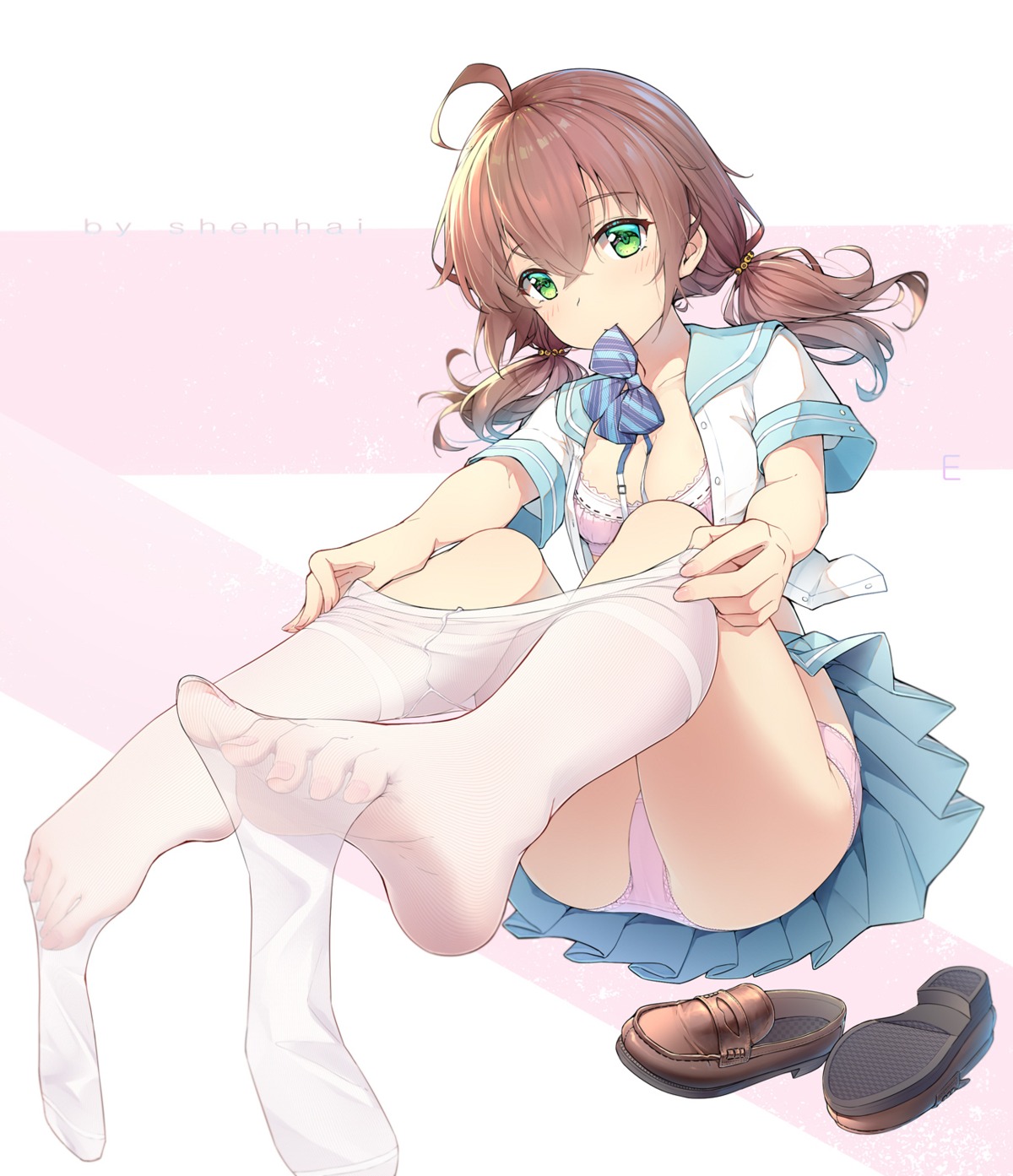 bra cleavage feet open_shirt pantsu pantyhose see_through seifuku shenhai_(2556146833) skirt_lift undressing