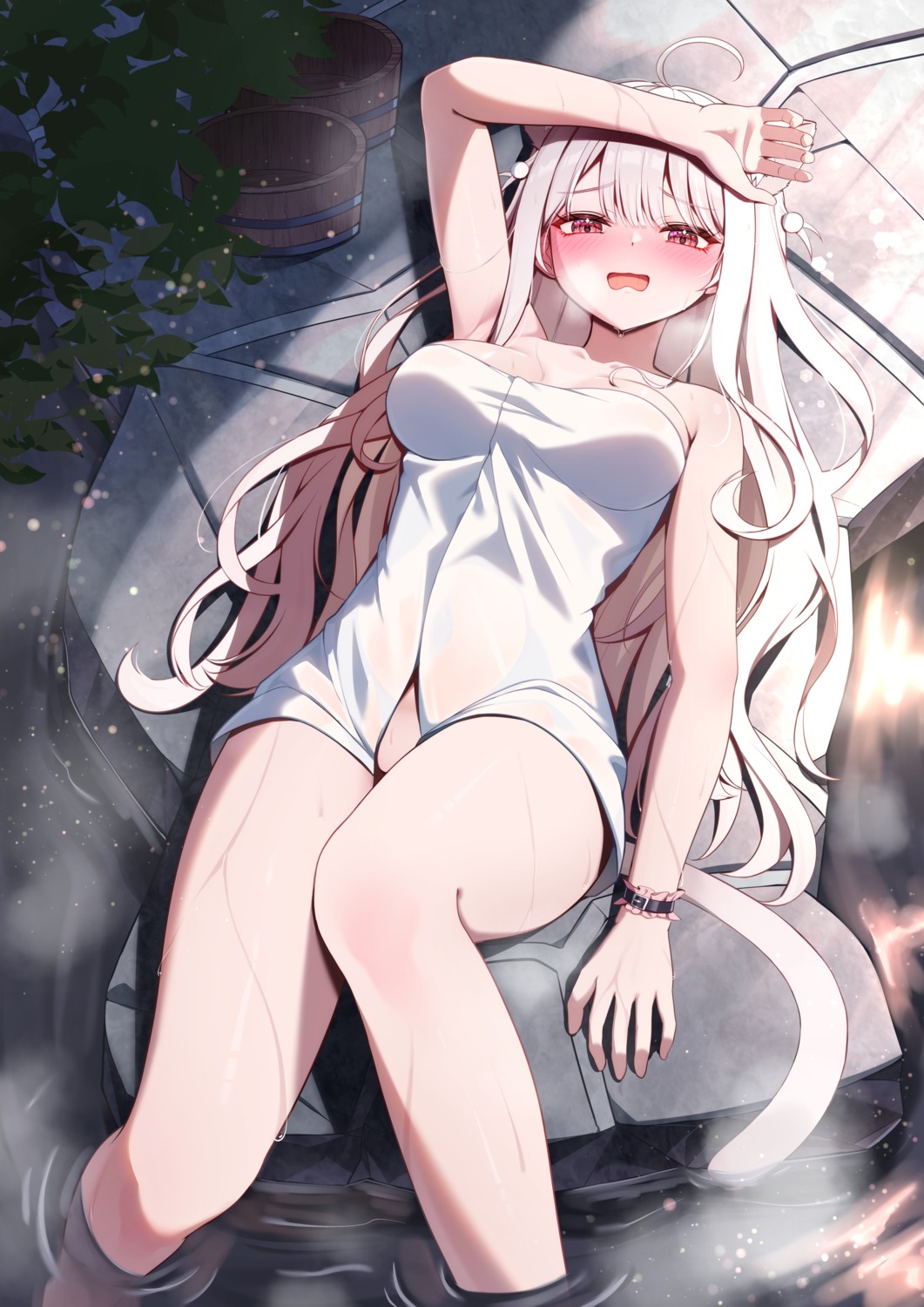 akuame_(ring3922) animal_ears indie_virtual_youtuber nekomimi onsen see_through tail towel uise_iu wet