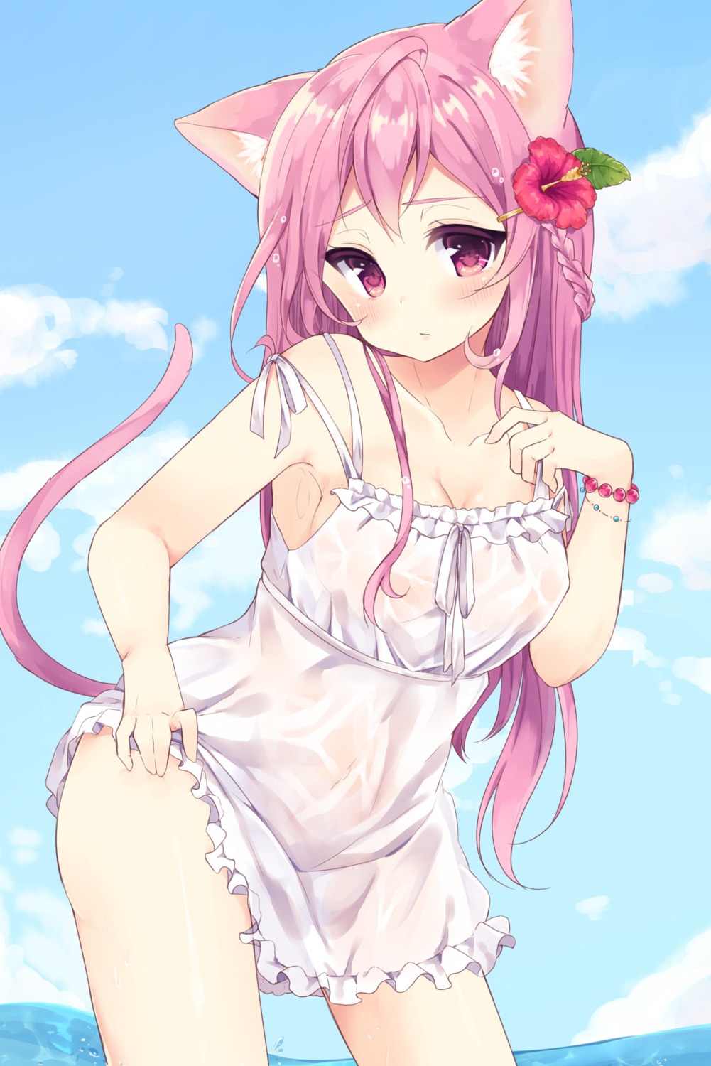 animal_ears dress momoirone nekomimi no_bra see_through skirt_lift summer_dress tail wet wet_clothes