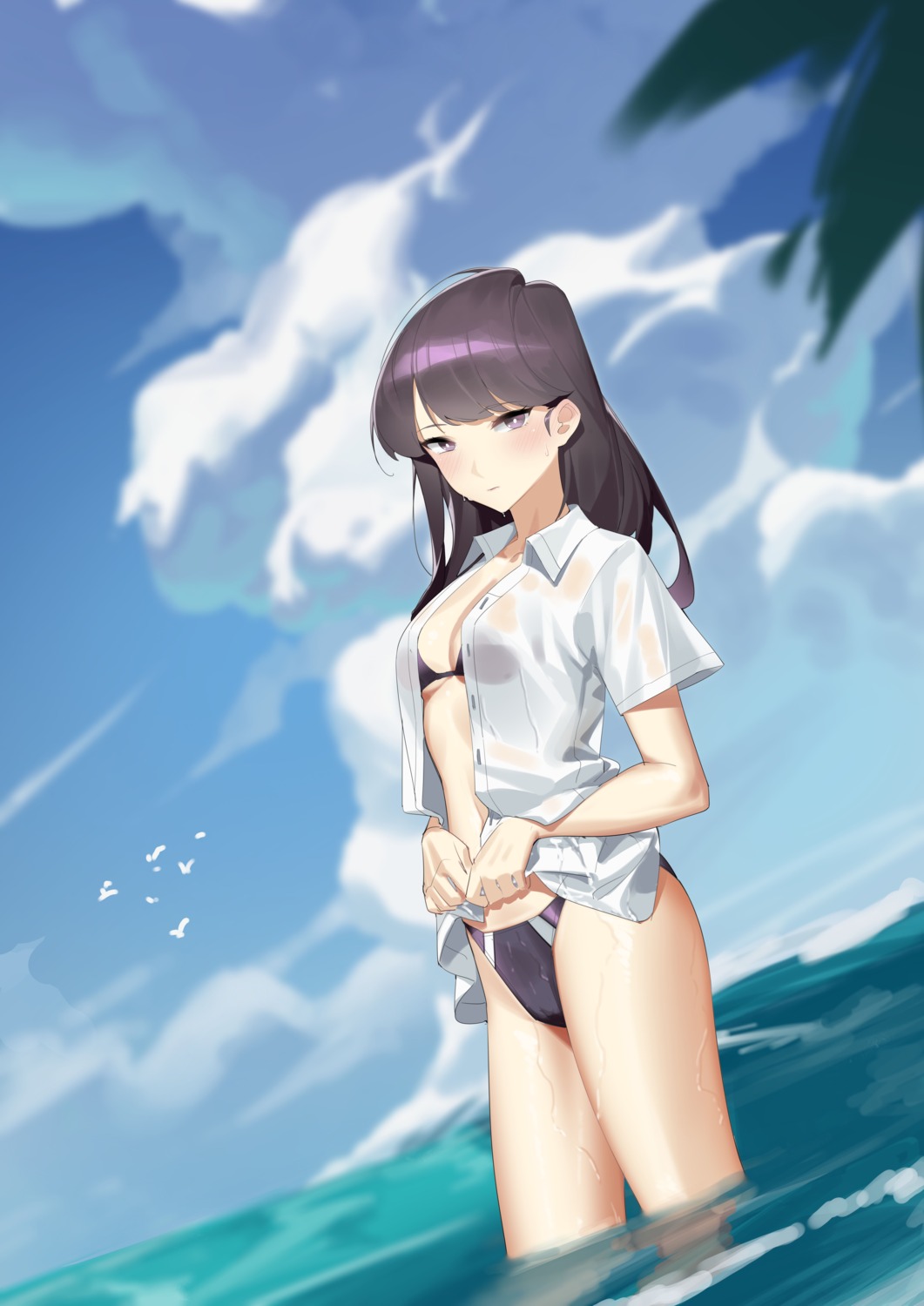 bikini dress_shirt komi-san_wa_komyushou_desu. komi_shouko open_shirt see_through swimsuits wet wet_clothes zhimalin_da