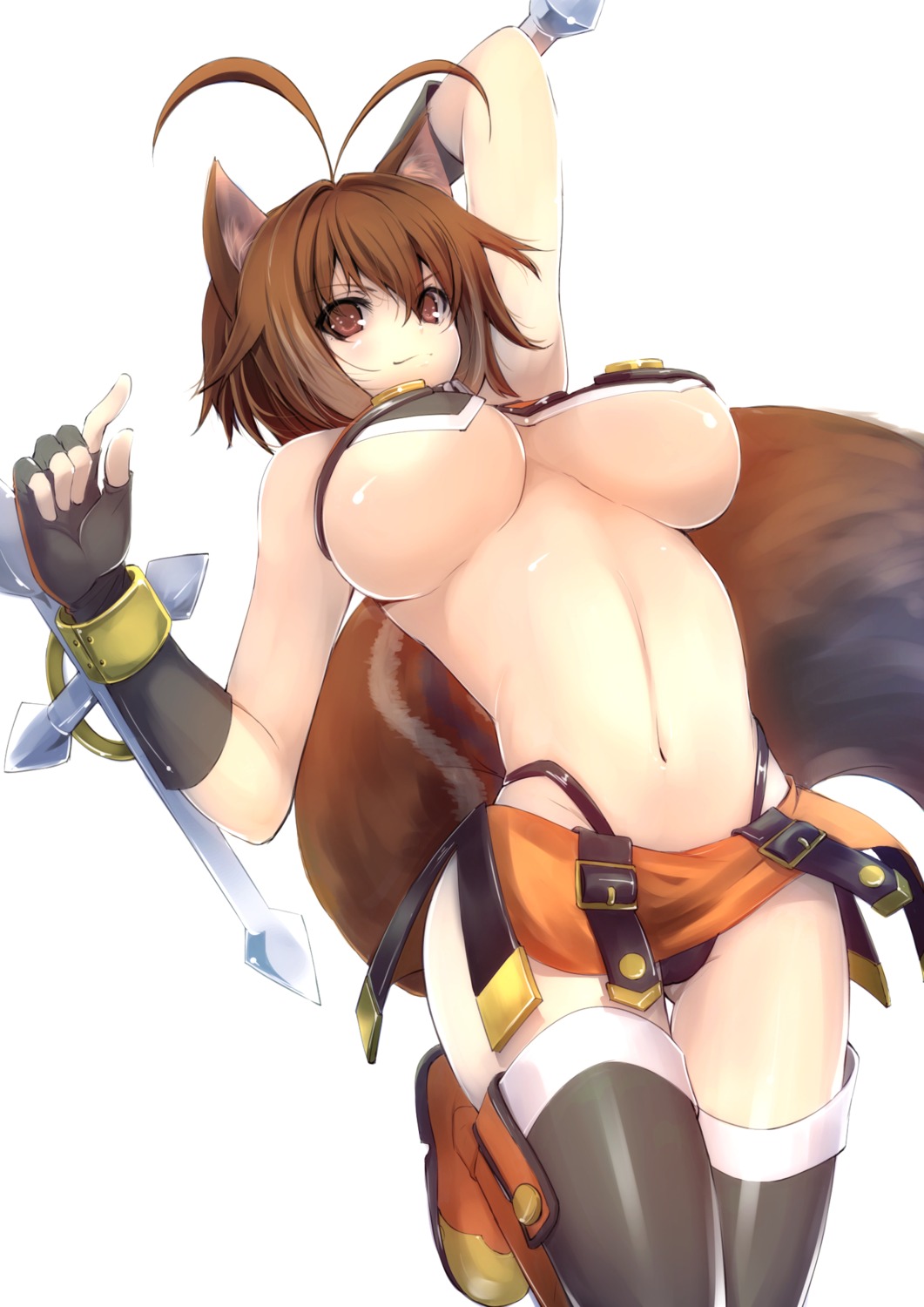 animal_ears blazblue hijikimeshi makoto_nanaya pantsu tail thighhighs underboob weapon