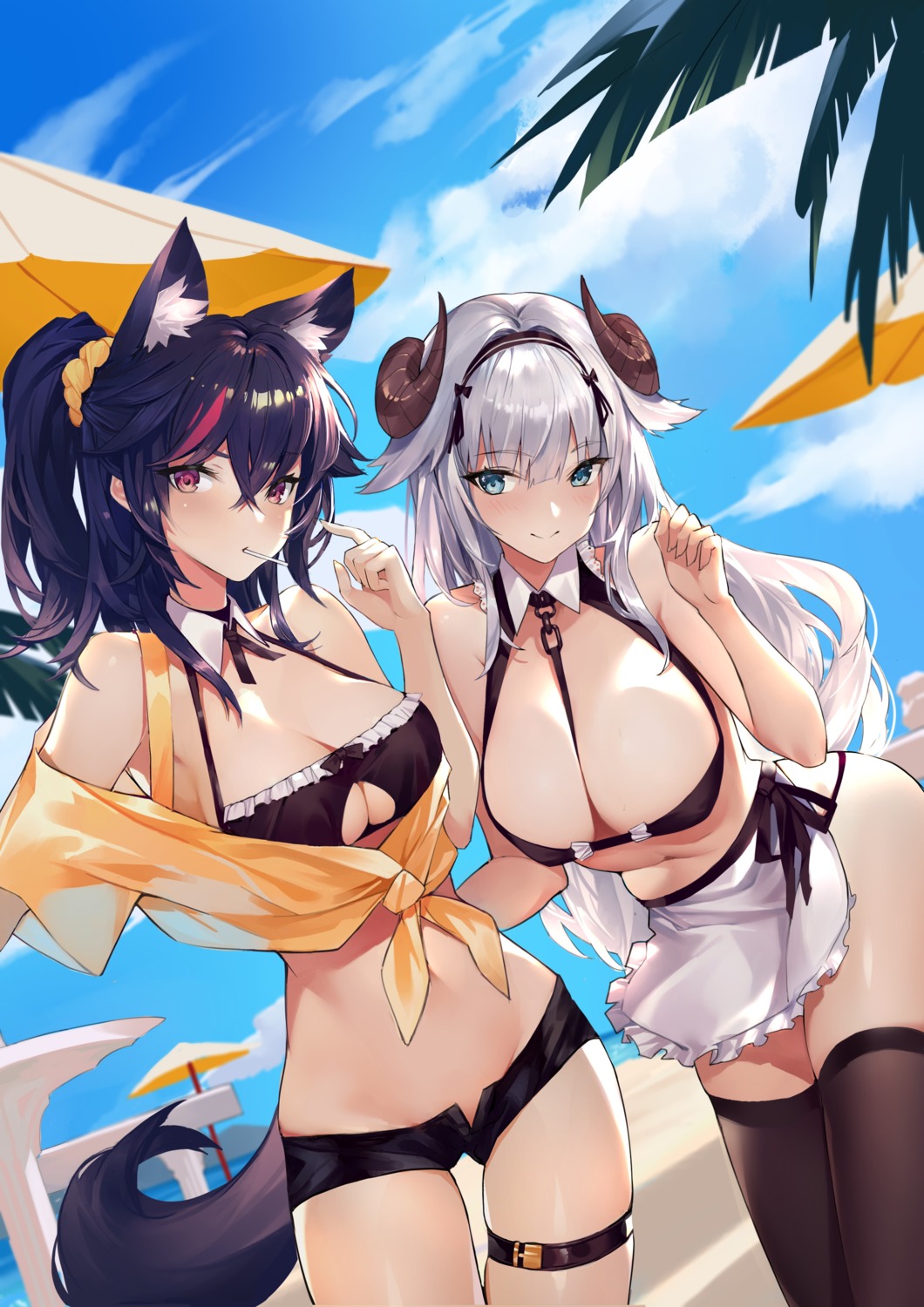 animal_ears bikini garter ghost_cc horns open_shirt see_through swimsuits tail thighhighs