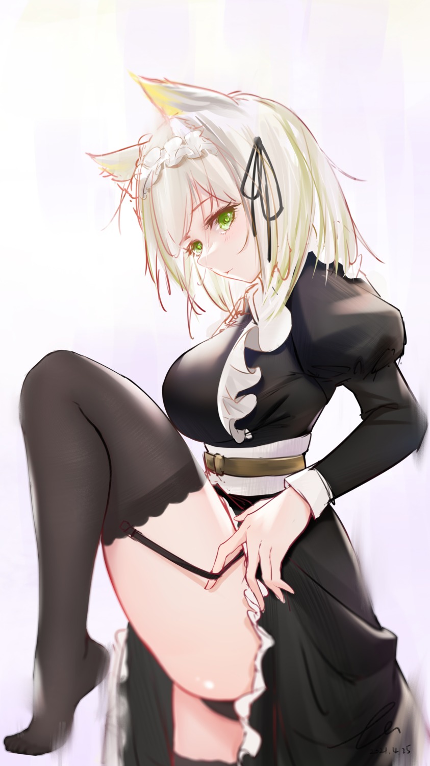 animal_ears arknights kal'tsit_(arknights) liu_liaoliao maid nekomimi pantsu skirt_lift stockings tail thighhighs