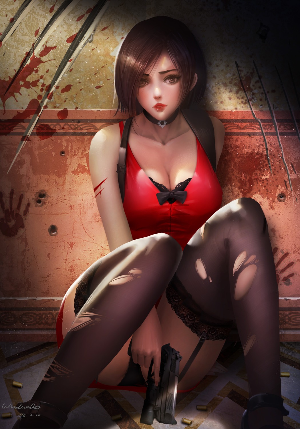 ada_wong blood bra cleavage dress gun pantsu resident_evil skirt_lift stockings thighhighs torn_clothes windwalker