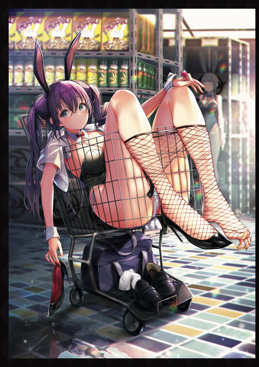 animal_ears ass bunny_ears bunny_girl fishnets heels mappaninatta no_bra open_shirt pantsu see_through string_panties undressing