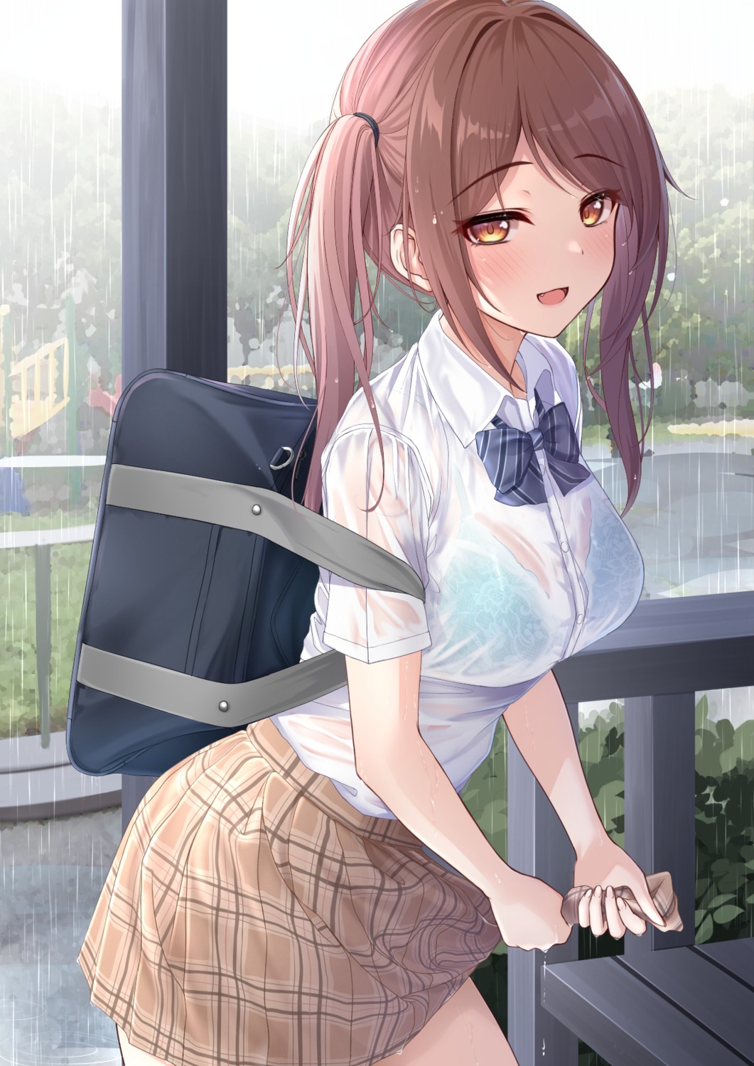 bra monaka_curl see_through seifuku skirt_lift wet wet_clothes