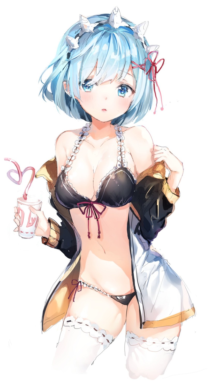 bikini maid open_shirt re_zero_kara_hajimeru_isekai_seikatsu rem_(re_zero) sketch swimsuits thighhighs umibouzu