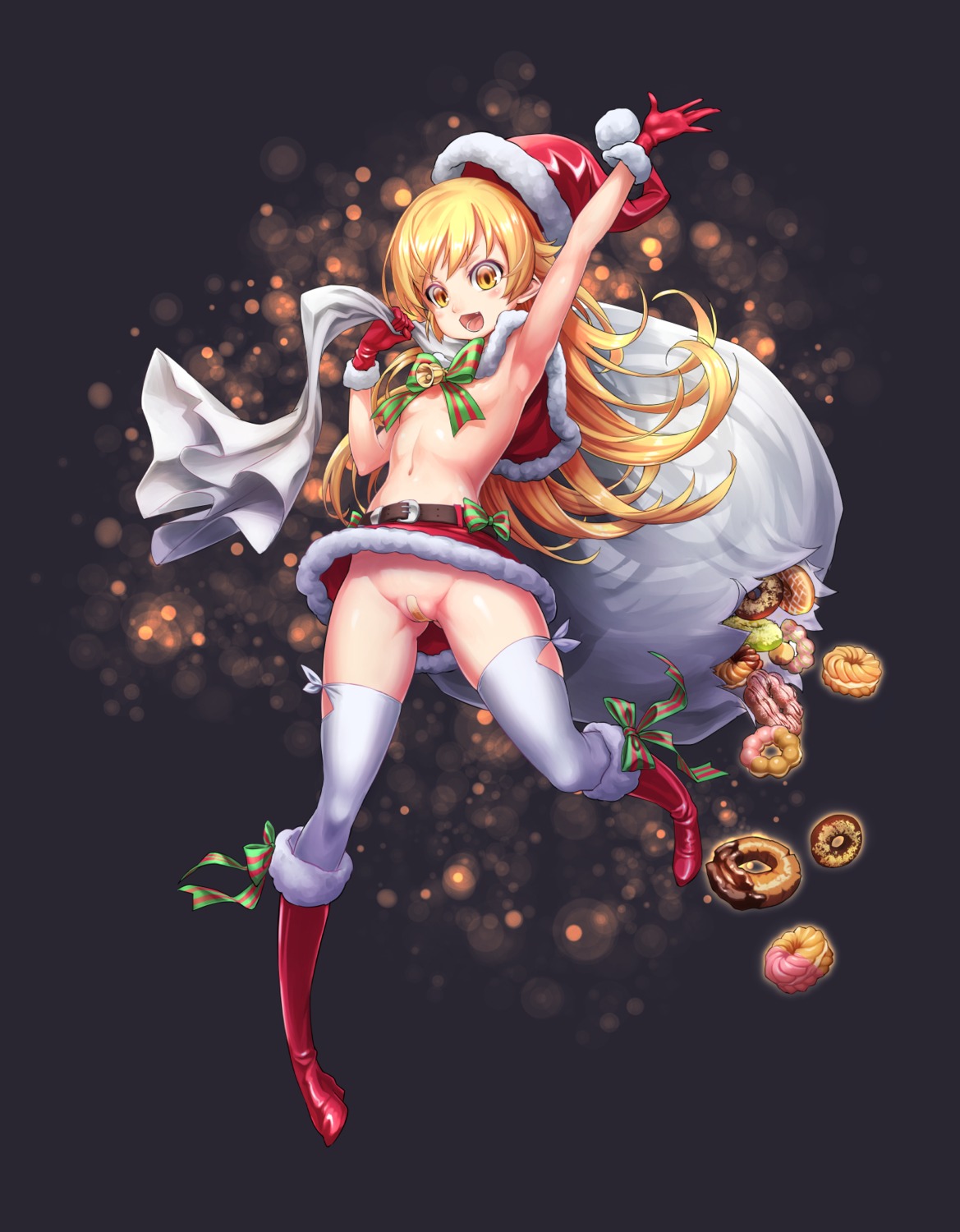 bakemonogatari bandaid cameltoe christmas erect_nipples heels loli maebari monogatari_(series) no_bra nopan oshino_shinobu shiro_ringo thighhighs